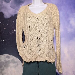 Cream Open Knit Distressed Sweater Womens S Boho Fairy Grunge Festival Raw Hem